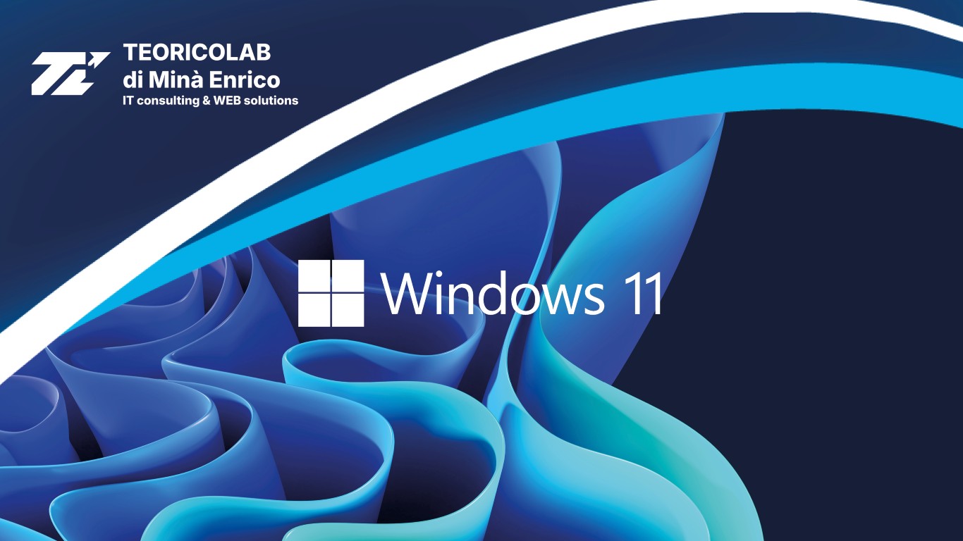 Logo Windows 11 su sfondo blu astratto, con grafica aziendale Teoricolab