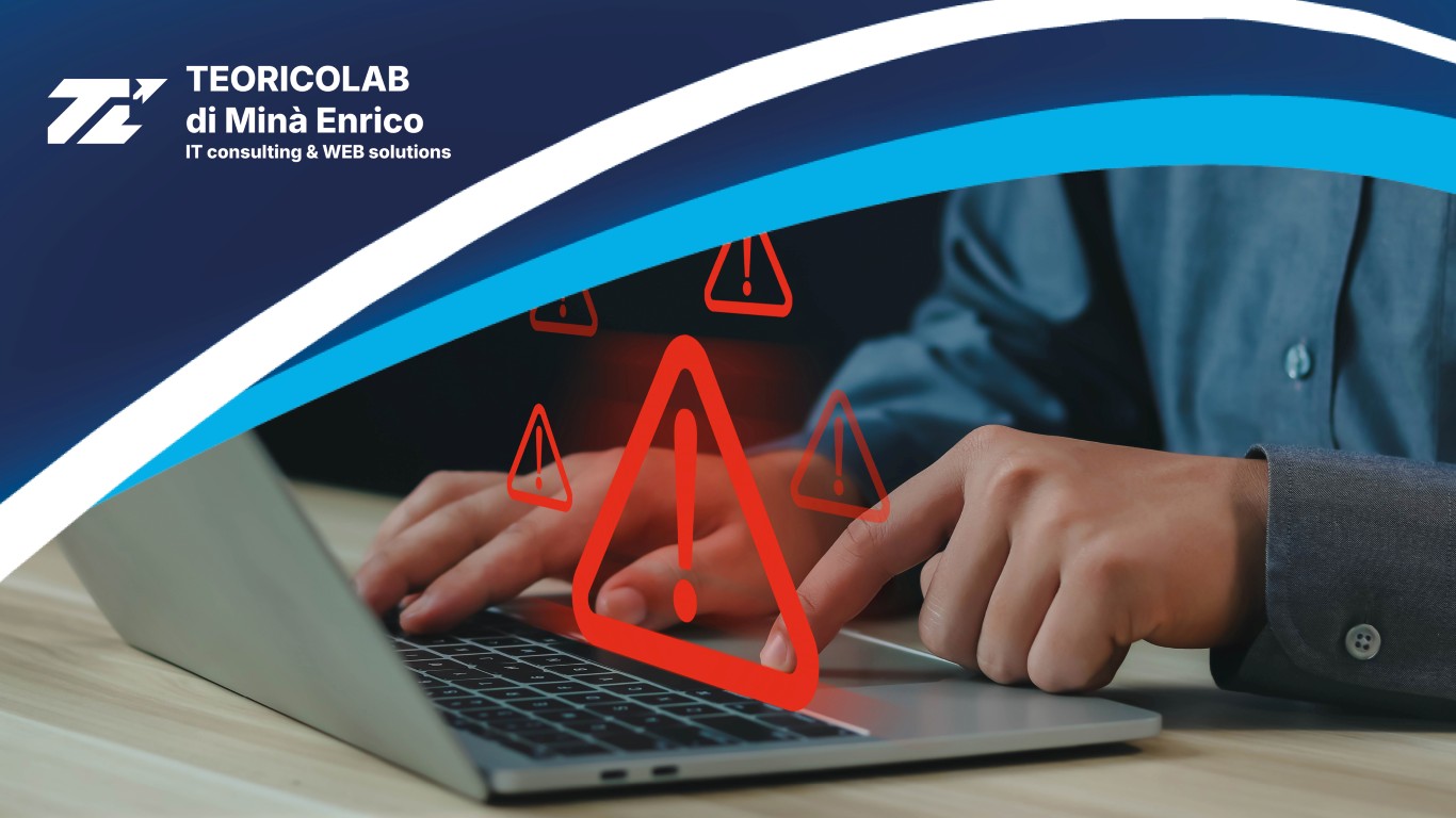 Uomo digita su laptop con icona di allarme rosso, concetto di sicurezza informatica e avviso di pericolo